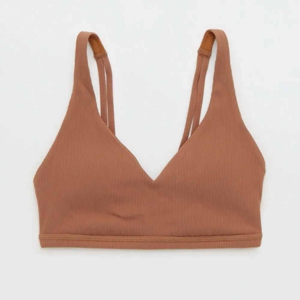 Aerie OFFLINE Ribbed Plunge Sports Bra w/ Back Mesh in Brown Women's Small $45 - Picture 2 of 8
